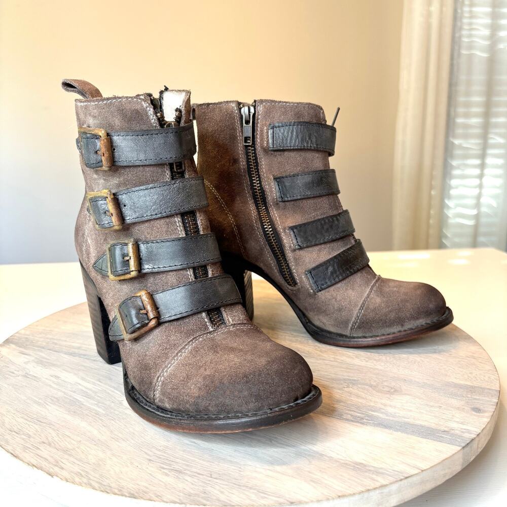 Freebird by Steven Banjo Buckle Moto Ankle Boots Gray Suede Women's Size 7